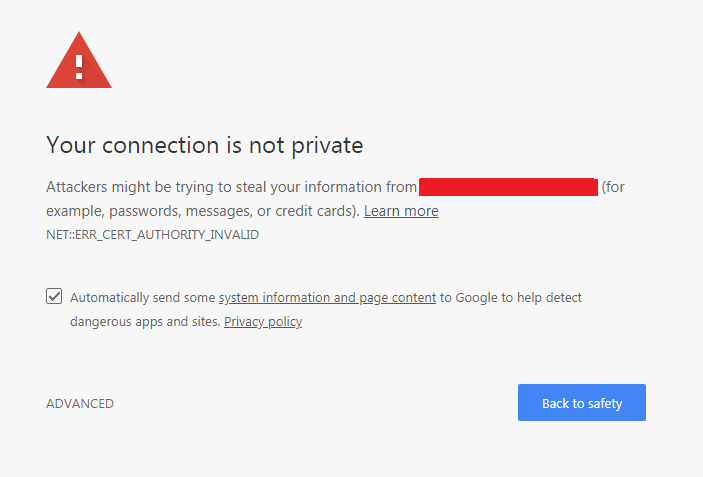 Insecure website warning on Google Chrome browser