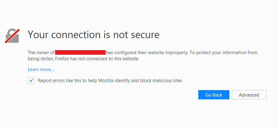 Insecure website warning on Mozilla Firefox browser